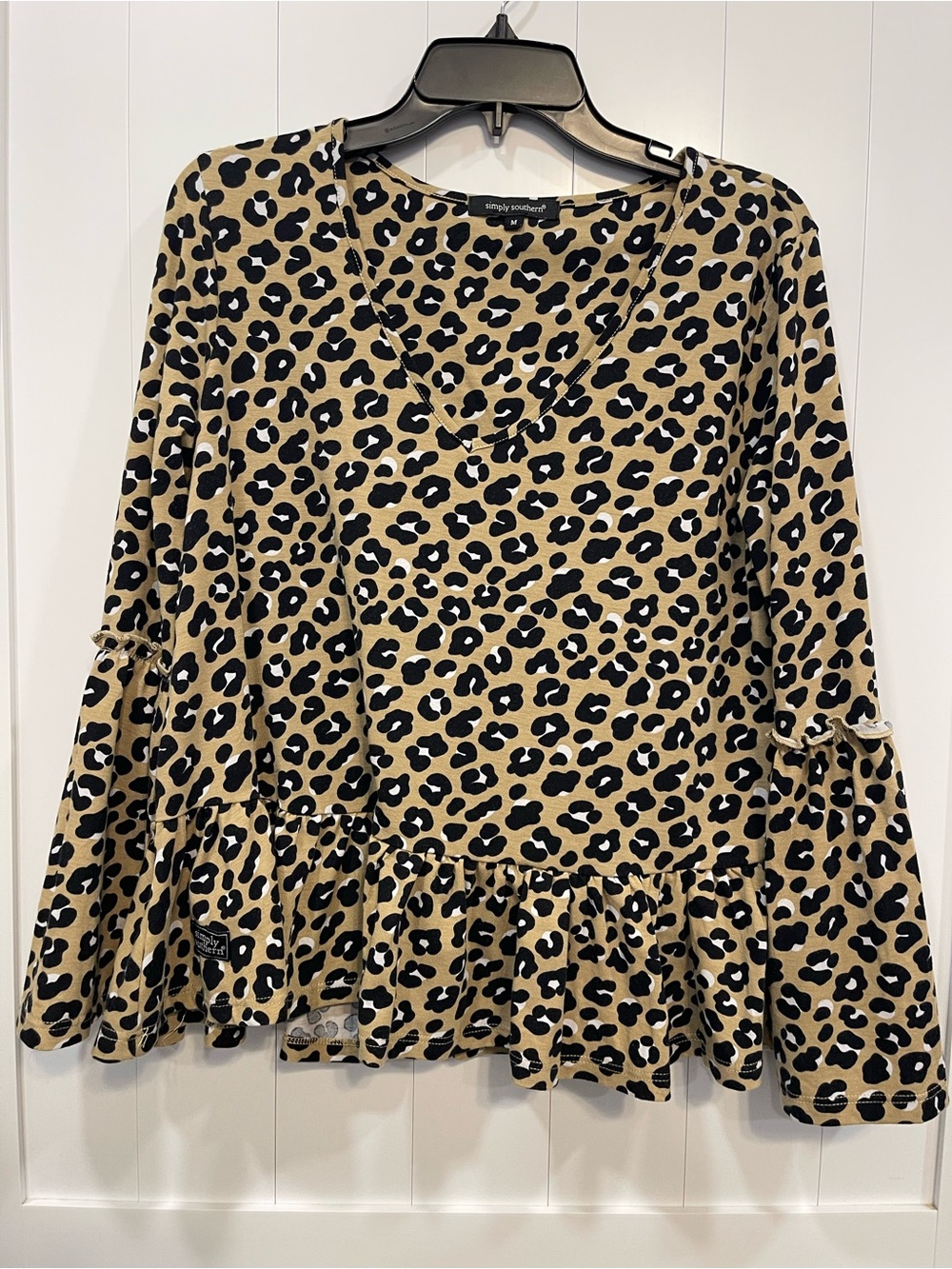 Simply Southern Tan Leopard Print V-Neck Ruffle Hem Blouse medium